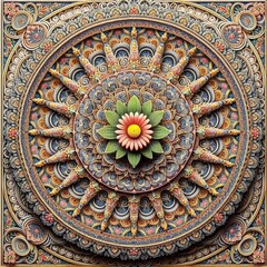 Fototapeta premium A digital mandala with a central pink flower surrounded by ornate, layered patterns.