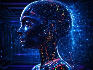 Humanoid's head with code background.