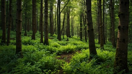 Forest in spring, lush greenery and fresh growth.
