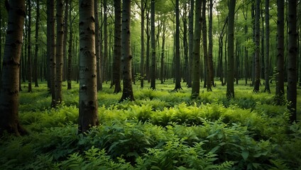 Obraz premium Forest in spring, lush greenery and fresh growth.