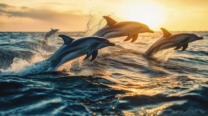 Fototapeta premium Witness the beauty of nature as dolphins leap joyfully through the waves at sunset creating a stunning display of agility and grace