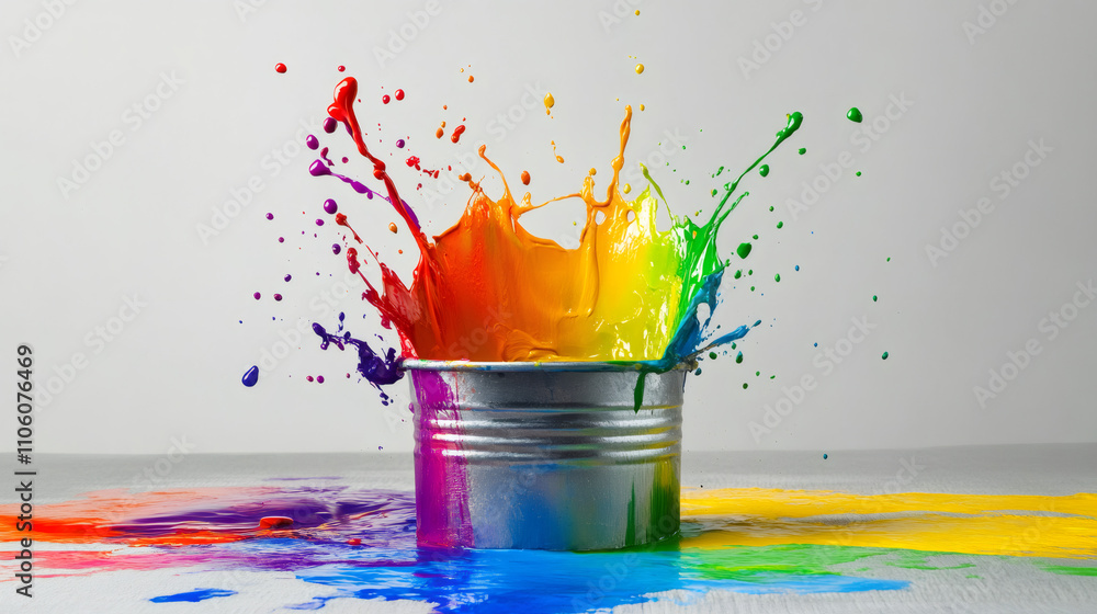 Aufkleber vibrant paint splashing out of a metal bucket, creating a dynamic burst of color on a clean white su