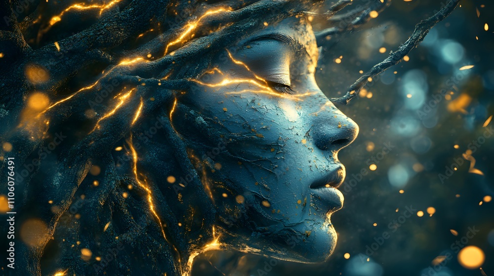 Poster ethereal portrait of a woman surrounded by glowing nature elements and enchanted tree roots in a mys