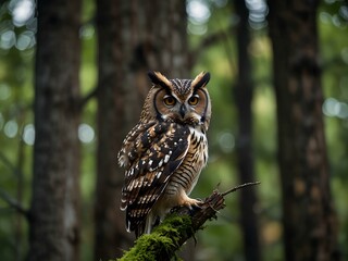 Obraz premium Forest owl perched among trees.