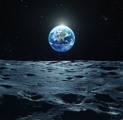 The Earth seen from the Moon's surface, with dark space in the background, a blue glow on the horizon