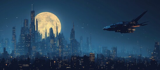 A futuristic cityscape illuminated by a large moon, with a spaceship flying above.