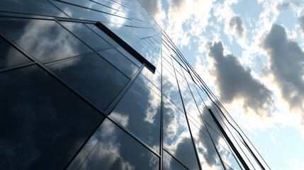 Obraz premium Low angle view of a modern glass skyscraper reflecting clouds on a sunny day, showcasing contemporary architecture