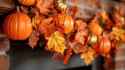 A vibrant orange garland made of autumn leaves and pumpkins, hanging over a fireplace for a fall-inspired look