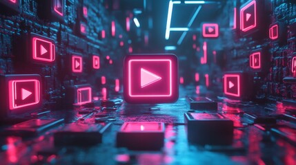 Futuristic digital interface with play buttons and neon lights glowing in a dark space.