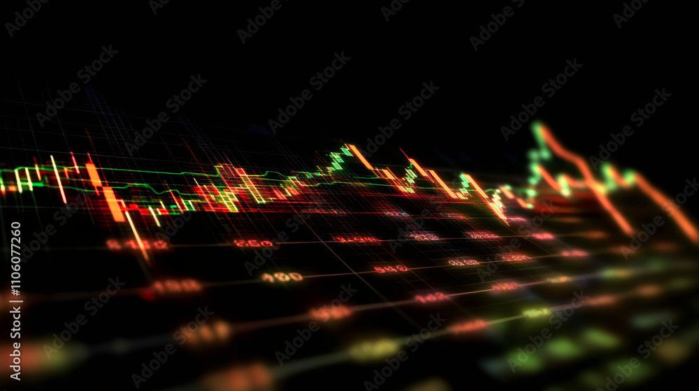 Poster shining stock market graph displays rising trends on a digital display in a dim setting