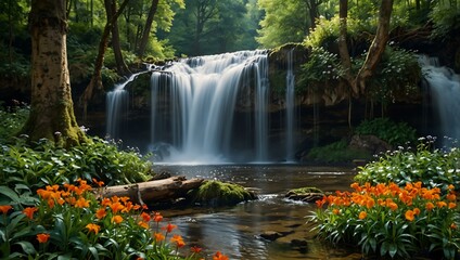 Fototapeta premium Forest waterfall with large trees and flowers.