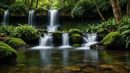Forest waterfall with lush surroundings.