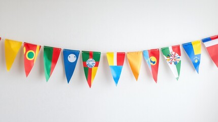 A vibrant flag garland with alternating country flags, draped across a room for an international-themed party