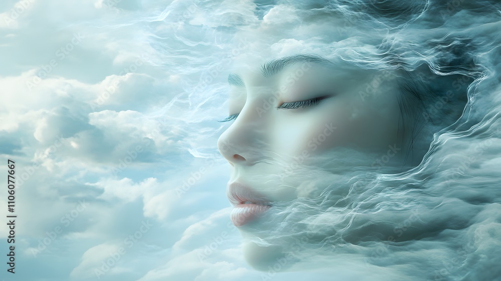 Poster ethereal woman's face merging with soft clouds, symbolizing dreams and serenity in a tranquil skyfil