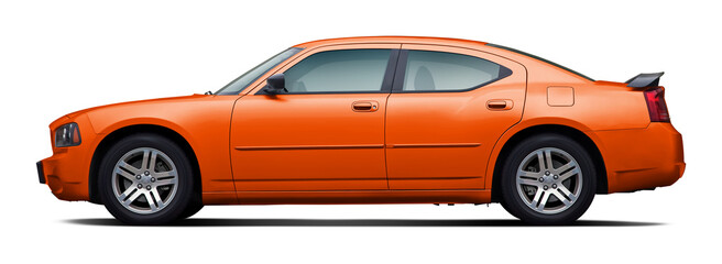Side view of a powerful orange American sedan, in PNG format on a clear background.