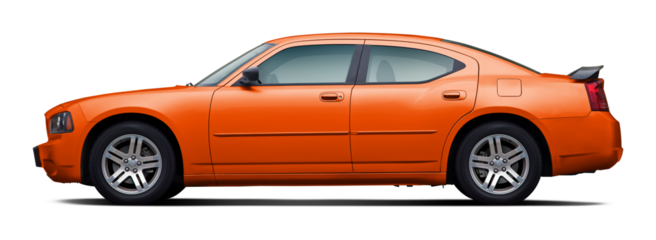Side view of a powerful orange American sedan, in PNG format on a clear background.