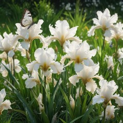 Fototapeta premium Stunning white irises with intricate details set against a backdrop of vibrant green grass and a fluttering summer butterfly, flora, outdoor, vibrant, meadow