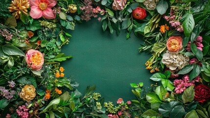 A beautiful garland frame made of lush green foliage and colorful flowers, perfect for a wedding or special occasion