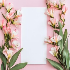 White vertical blank paper with pastel pink spring flower. Minimal elegant concept with copy space.