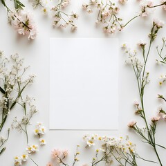 White blank paper with white, pastel pink spring flower. Minimal elegant concept with copy space.