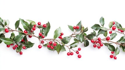 Fototapeta premium A beautiful garland isolated on a white background, featuring vibrant red berries and green leaves