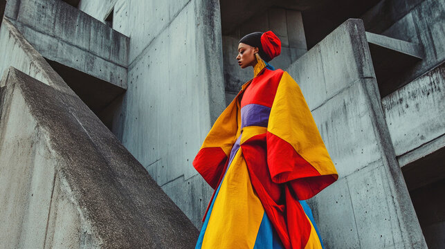 Surreal image of a model in vibrant sculptural outfits by bold Neo Brutalist architecture