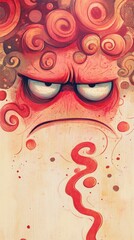 A stylized, angry character with curly hair and a frowning expression.