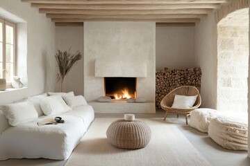 Fototapeta premium Minimalist Living Room With Fireplace And Neutral Decor