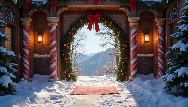 Entrance to Santa's grotto decorated for Christmas with candy canes and festive wreaths in winter landscape