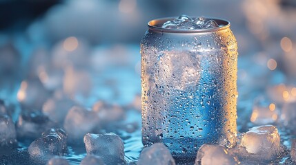 A chilled can surrounded by ice, showcasing condensation and refreshing appeal.