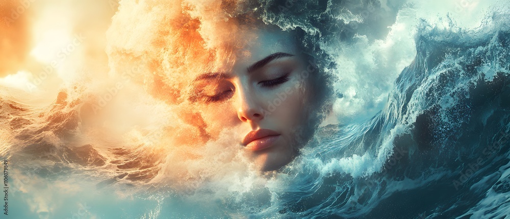 Poster surreal blend of ocean waves and ethereal face representing nature's beauty and human connection wit