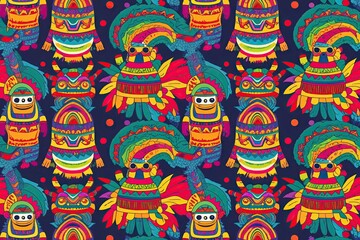 Fototapeta premium Colorful Whimsical Aztec Creature Cartoon Pattern - Vibrant 80s Engaging Background