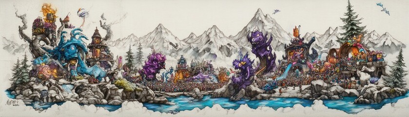 Obraz premium A whimsical landscape featuring colorful creatures and unique homes amidst mountains and water.