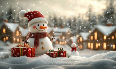 Fototapeta premium A festive winter scene featuring charming miniature snowmen with scarves and hats, surrounded by wrapped gifts and a cozy village of lit houses blanketed in snow. The magical atmosphere captures