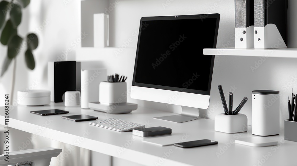 Poster modern minimalist white office desk setup with computer