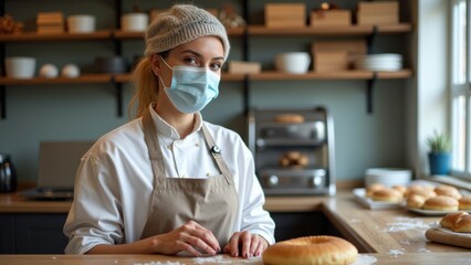 A baker stands at a wooden counter in a bakery, wearing a mask and focused on shaping bread. Freshly baked goods fill the shelves behind her, creating a warm atmosphere