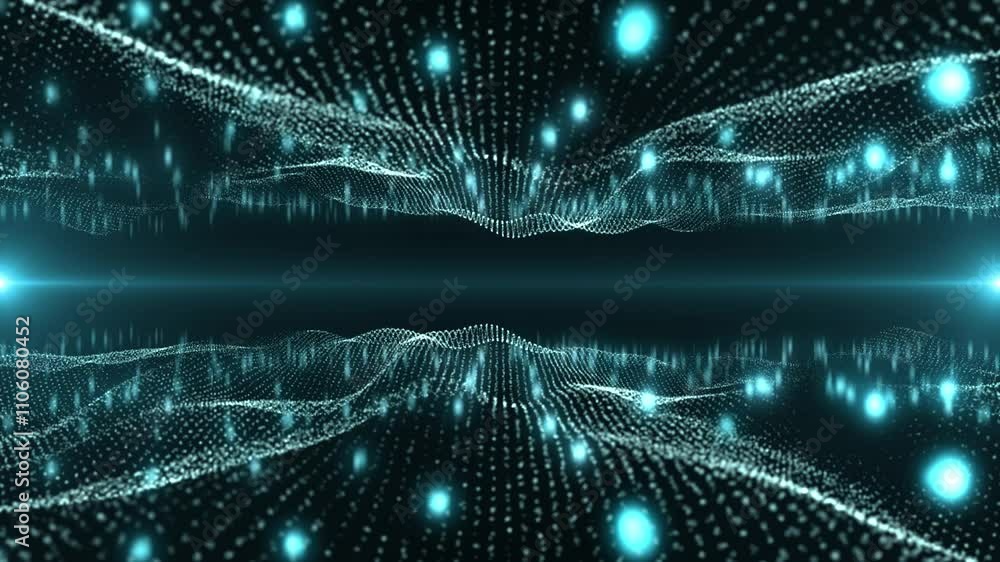 Poster abstract glowing wave from of particles and dots moves on a blue background, big data visualization,