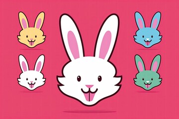 Obraz premium Cheerful Animated Fluffy Rabbit Head Icons in Colorful Flat Illustration Style