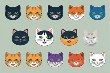 Colorful Cartoon Cat Head Illustration Collection in Playful Flat Design