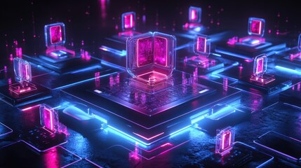Futuristic Neon Circuit Background with Digital Elements