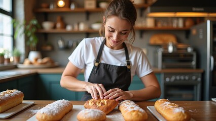 A baker is focused on adding finishing touches to freshly baked bread. The warm, welcoming bakery environment enhances the artisanal experience