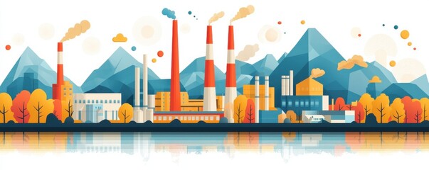 Naklejka premium Illustration of industrial factory amidst mountains and autumn trees