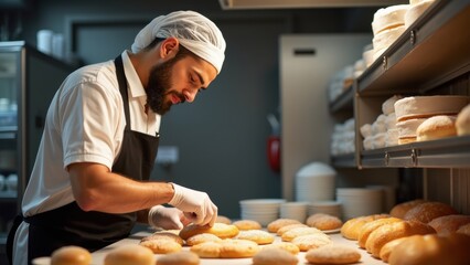 A baker meticulously shapes freshly made bread rolls in a bustling bakery. The warm ambiance and organized workspace reflect a dedication to craftsmanship early in the day