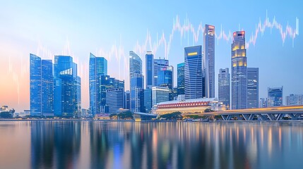 Naklejka premium A realistic digital chart showing rising profits overlaid on a photo of a city skyline