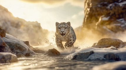 Fototapeta premium Watch as a stunning snow leopard rushes through a snowy landscape showcasing its agility and beauty in a breathtaking natural setting