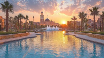 Fototapeta premium Scenic sunset view over a tranquil water feature with palm trees and city skyline.