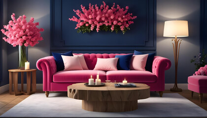 A cozy living room with a plush pink sofa, a wooden coffee table with candles and flowers, and a floral arrangement in the background