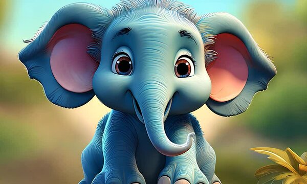 Animal with big ears, kids card, poster. Happy cute elephant, cartoon illustration.