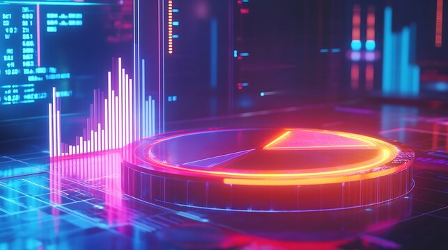 A glowing 3D pie chart spinning next to a money graph displayed on a futuristic interface