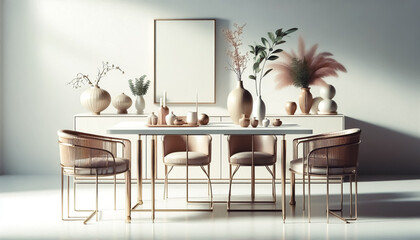  modern dining area on plain light background with space for text